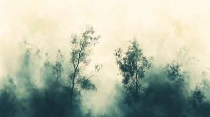 Fototapeta premium Abstract watercolor forest banner depicting green trees in fog on a beige background