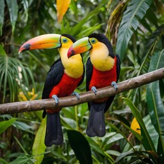 Obraz premium Pair of Toucans Perched on a Branch, Framed by a Vibrant Jungle Backdrop