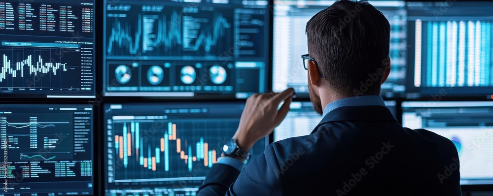 Poster a professional analyzing data from multiple monitors displaying graphs and statistics in a modern of