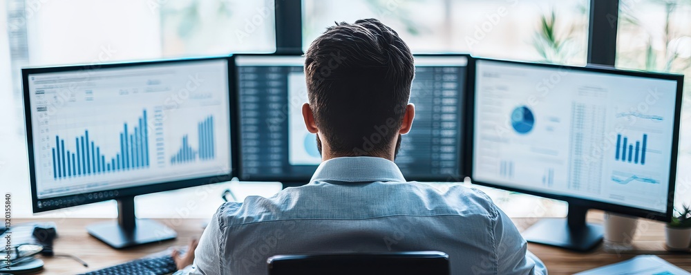 Poster a professional analyzing data on multiple computer screens in a modern office setting.