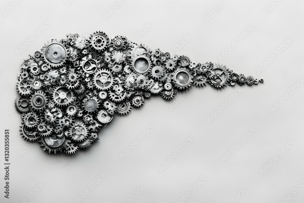 Poster abstract monochrome image of various sized cogs and gears arranged in a cloud-like shape, suggesting