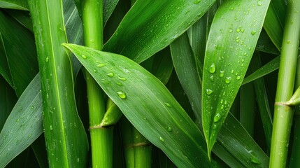 Obraz premium Close-up Texture of Fresh Green Bamboo Leaves and Stems