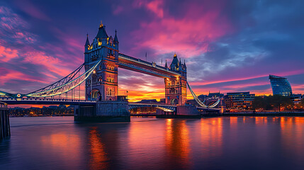 Tower Bridge Sunset: A stunning sunset bathes the iconic Tower Bridge in a warm, inviting glow, mirroring the vibrant colors in the calm waters of the river.