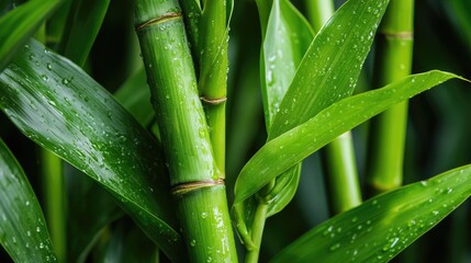 Fototapeta premium Close-Up of Fresh Bamboo Stalks with Water Drops on Green Leaves