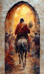 Entry of Christ into Jerusalem on Palm Sunday, Watercolor Biblical Illustration for Easter and Religious Celebrations