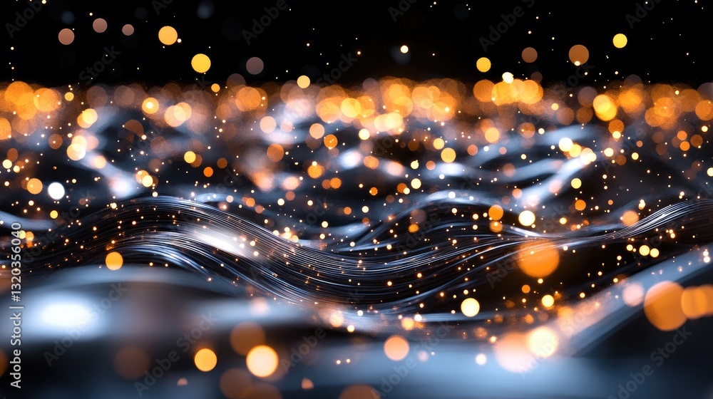 Poster abstract shimmering waves with glowing particles in dark background