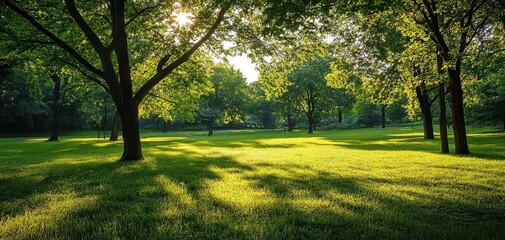 Fototapeta premium Tranquil Morning Light in Lush Green Park Surrounded by Majestic Trees and Vibrant Grass with Sunlight Streaming Through Canopy