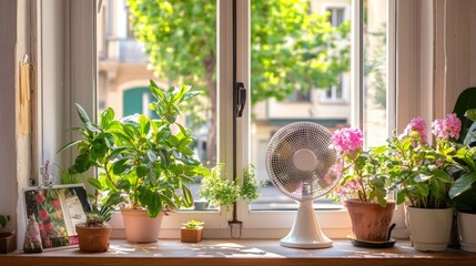 Fototapeta premium Lively Window Sill with Plants and Fan in Bright Sunlight