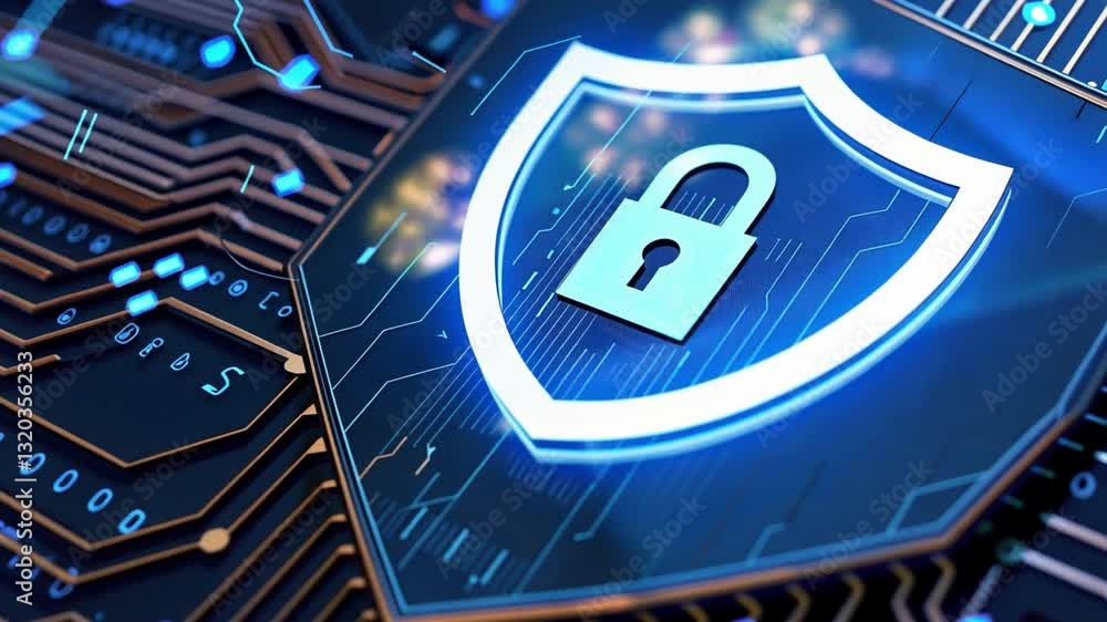 Poster glowing digital shield with padlock symbolizes cybersecurity on circuit board, highlighting data pro