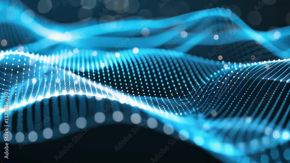 Poster dynamic digital wave pattern with glowing blue lines and dots creates futuristic abstract design, co