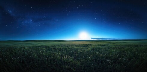 Tranquil Night Sky Over Lush Green Field Under Starlit Horizon and Bright Moonlight in a Peaceful Natural Landscape Scene
