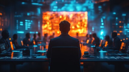 Multinational Team Collaborating on Holographic Display in Futuristic Corporate Meeting