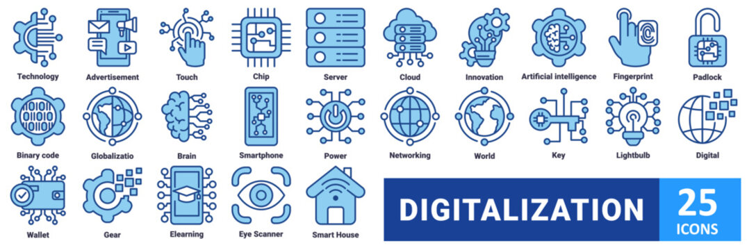 Digitalization icon set with icon Technology, Advertisement, Touch, Chip, Server, Cloud, Innovation, Artificial Intelligence, Fingerprint, Padlock, Binary Code, Globalization, Brain, Smartphone 