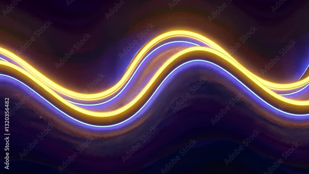 Poster vibrant abstract vdo featuring wavy neon lines in yellow and blue against dark background, creating 