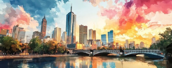 Vibrant Cityscape at Dusk with Colorful Sky and Reflective Water