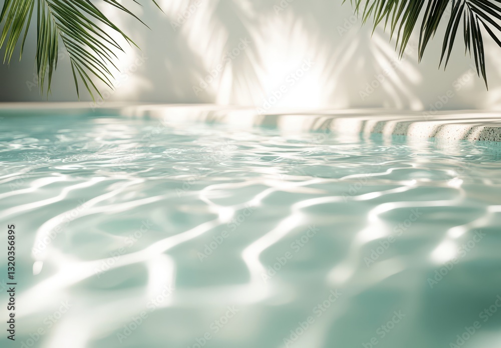 Poster tranquil reflections on calm water in a serene pool surrounded by lush greenery and soft shadows fro