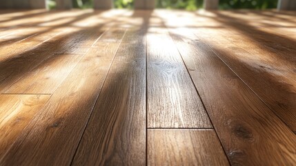Warm Natural Wood Floor with Soft Sunlight and Garden View