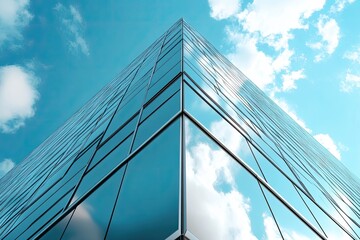 Modern Glass Building Exterior Reflecting Blue Sky and Clouds Architectural Design