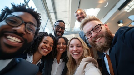 A vibrant group of professionals of different ethnicities sharing a selfie at a conference, reflecting the importance of collaboration and new connections.