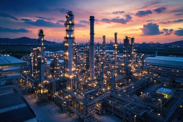Fototapeta premium Night view of illuminated oil refinery. Illustrates industrial processes, energy production.