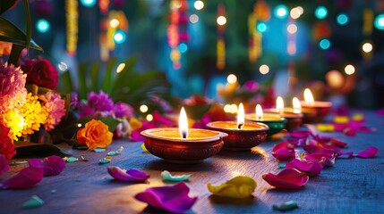 Colorful Festival of Lights with Candles, Flowers, and Petals