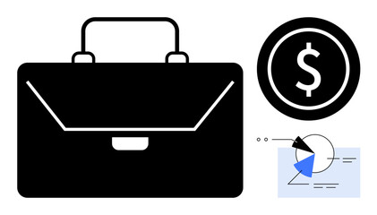 Black business briefcase, dollar sign inside circle, and blue-highlighted charts with data points. Ideal for finance, economics, data analysis, investment, strategy planning, savings corporate