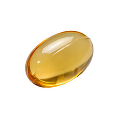 golden softgel capsule filled with liquid supplement, isolated on transparent background