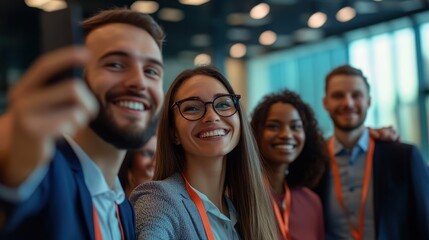 Obraz premium Business professionals from different backgrounds happily posing for a selfie, after a successful collaborative session at a modern corporate event.