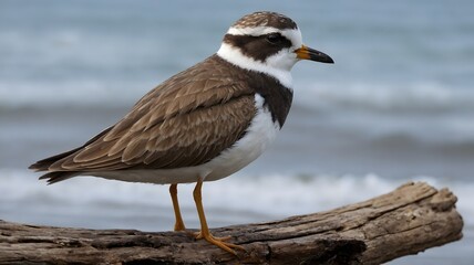 Obraz premium Striking Plover Resting on Driftwood, Its Plumage Standing Out Against the Ocean Horizon