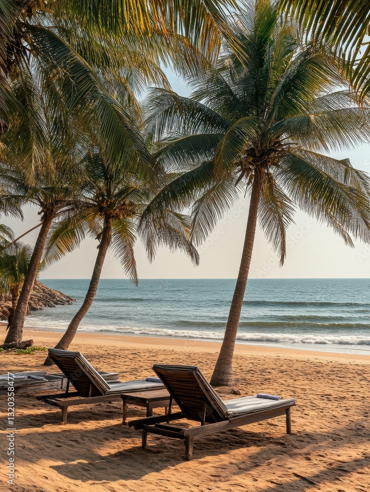 Poster relaxing beach getaway with sun loungers under palm trees and calm sea waves in the background