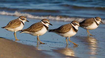 Obraz premium Group of Plovers Foraging on the Shoreline, Bathed in Soft Sunlight with Gentle Waves