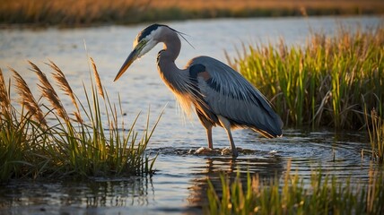 Heron Wading Through a Marsh at Sunset, Surrounded by Tall Reeds and Bathed in Golden Light