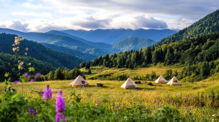 Fototapeta premium Serene Campsite in Lush Valley Surrounded by Majestic Mountains