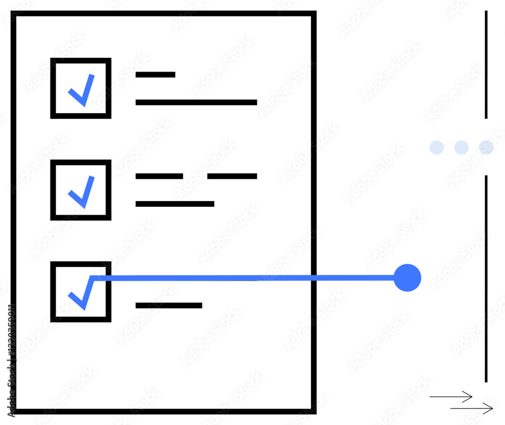 Poster checklist with blue checkmarks and lines indicating task progression, connection, organization. idea