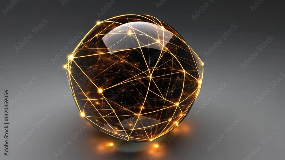 Poster glowing sphere with interconnected golden lines on dark background global network concept highlighti