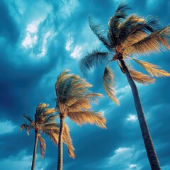 Tropical Paradise with Palm Trees Under Dramatic Blue Sky and Clouds Captivating Nature's Beauty and Serene Atmosphere at Sunset
