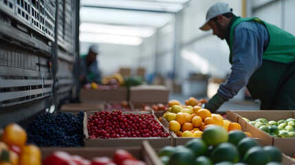 Fresh Harvest: A farmer meticulously arranging vibrant produce like lemons, and berries, in wooden crates during the harvest season, inside a distribution truck.