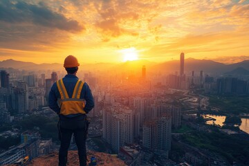 Fototapeta premium Construction worker overlooking cityscape at sunset. Illustrates progress, ambition, and urban development.