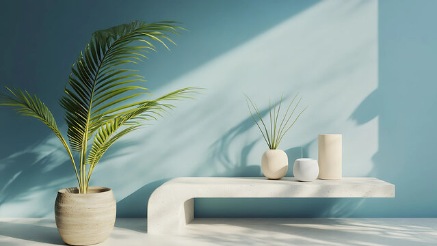 Pure mockup geometric studio for product presentation, blueback ground, 3d render, 3d illustration with green plant 