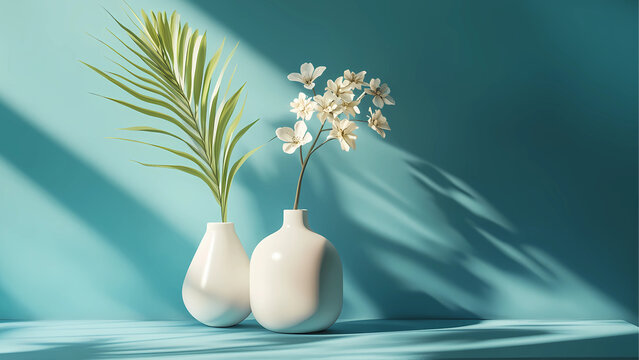 Pure mockup geometric studio for product presentation, blueback ground, 3d render, 3d illustration with green plant and flower white