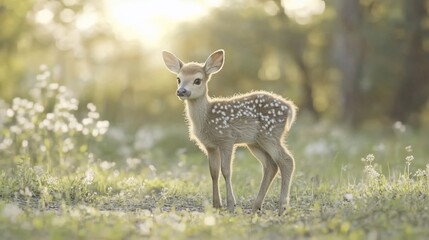 Fawn standing meadow sunset wildlife nature