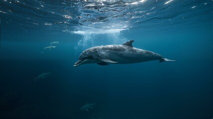 Fototapeta premium Dolphins swimming in clear blue waters with sunlight shining through.