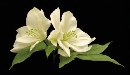 Closeup of two white flowers in full bloom against a black background with velvety petals and slender leaves.