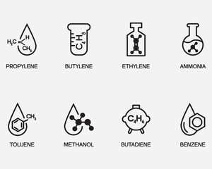 type of basic petrochemical product icons collection.oil and gas downstream commodities product outline icon symbol