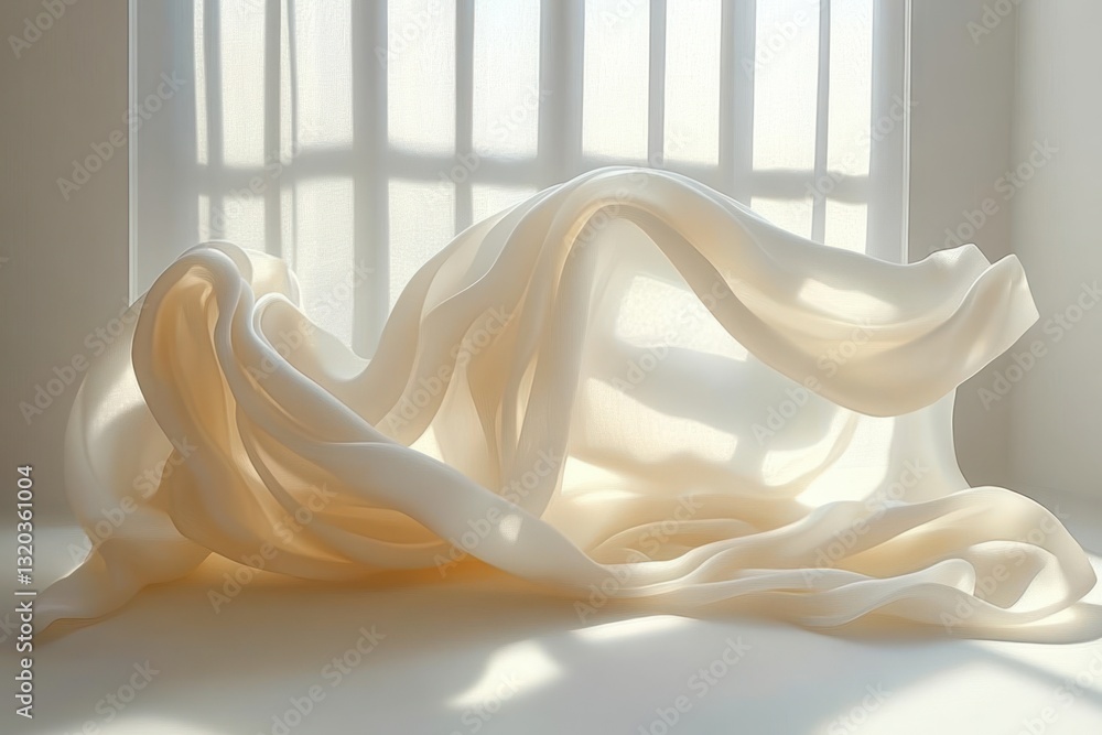 Poster floating white silk fabric in soft natural light from window in minimalist studio setting
