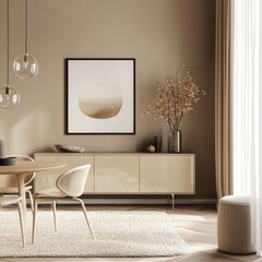 Minimalist Beige Dining Room Decor with Modern Furniture and Abstract Art