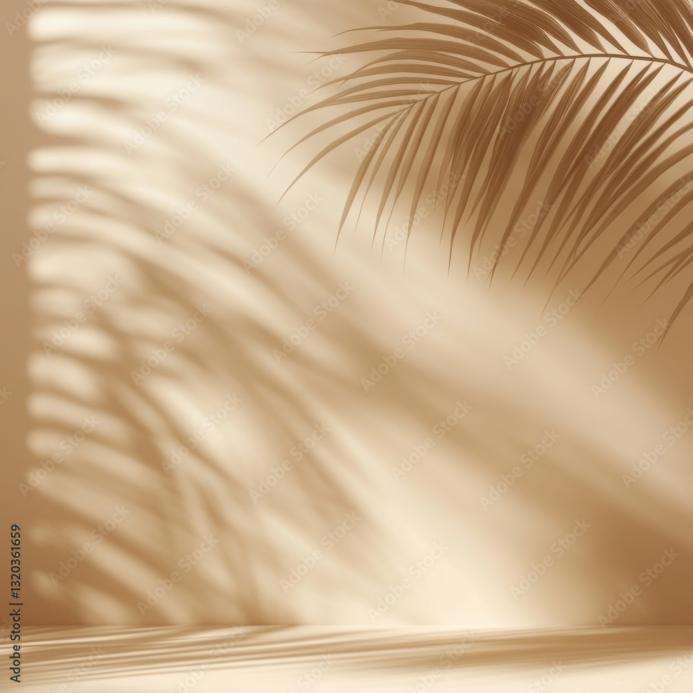 Poster minimalist background with beige texture and tropical palm leaf shadow for product display in soft w