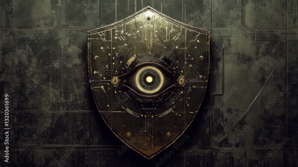 Aufkleber digital shield displays cybernetic patterns and a robotic eye signifying artificial intelligence in 