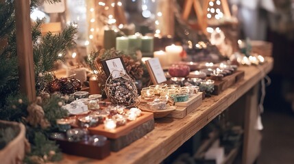 Cozy Christmas Market Scene with Candles and Festive Decorations