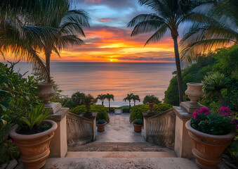 Fototapeta premium Tropical Sunset Vista: An idyllic scene unfolds as a vibrant sunset paints the sky, seen from a luxurious pathway. Lush greenery frames a tranquil ocean, creating a paradise ambiance.